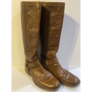 Frye Boots Womens 9.5B Phillip Harness Zip Tan Leather Distress Tall Riding Shoe